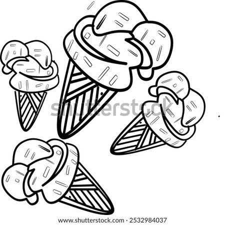 simple cute four of ice creams, clean thick black and white outline only, easy to draw and for kids colouring book at age 5-10 years old