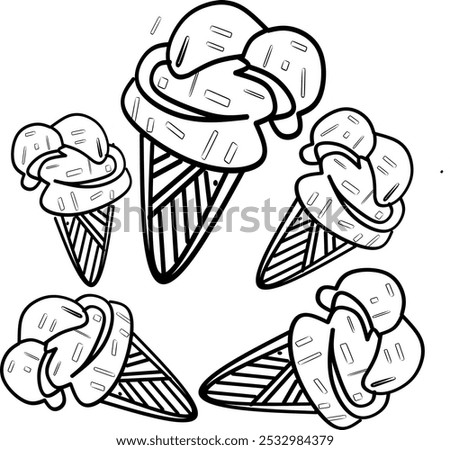 simple cute five of ice creams, clean thick black and white outline only, easy to draw and for kids colouring book at age 5-10 years old