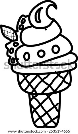 simple cute an of ice cream, clean thick black and white outline only, easy to draw and for kids colouring book at age 5-10 years old