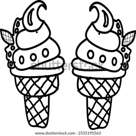 simple cute two of ice creams, clean thick black and white outline only, easy to draw and for kids colouring book at age 5-10 years old