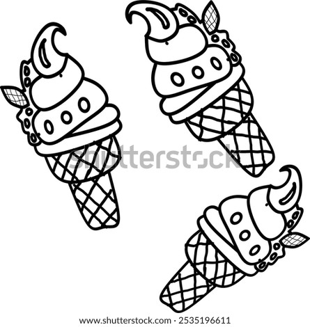 simple cute three of ice creams, clean thick black and white outline only, easy to draw and for kids colouring book at age 5-10 years old