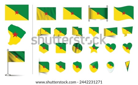 set of French Guiana flag, flat Icon set vector illustration. collection of national symbols on various objects and state signs. flag button, waving, 3d rendering symbols