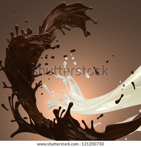 brown coffee or hot chocolate and white creamy milk splashes in abstract action on brownish orange  background