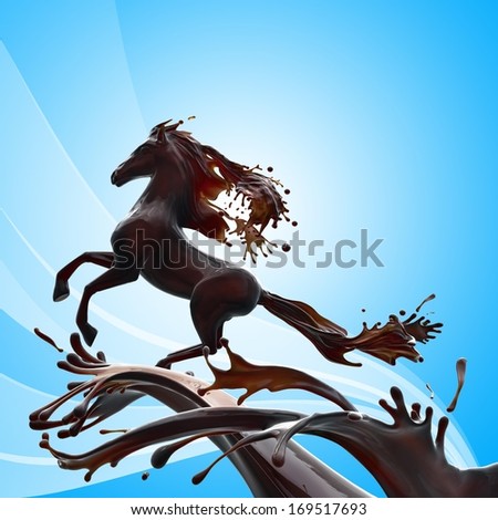 Food design element on blue background. Liquid horse made of brown glossy caramel coffee running making splashes.
