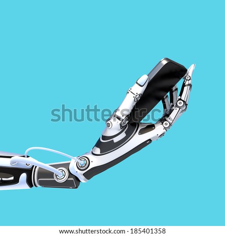 Futuristic robot holding smartphone with artifical hand isolated on blue background