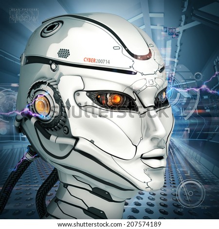 Stylish cyborg head in front of virtual background with digital interface