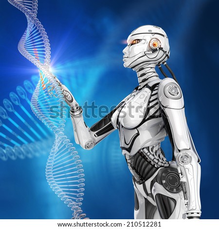 Modern designed virtual human DNA. Futuristic female android working with model