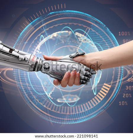 female human and robot\'s handshake as a symbol of connection between people and artificial technology. Isolated image