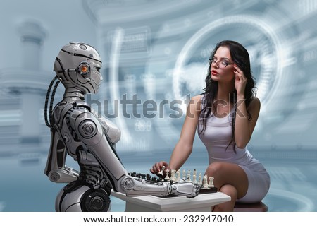Playing Chess Fembot Robot with  Woman