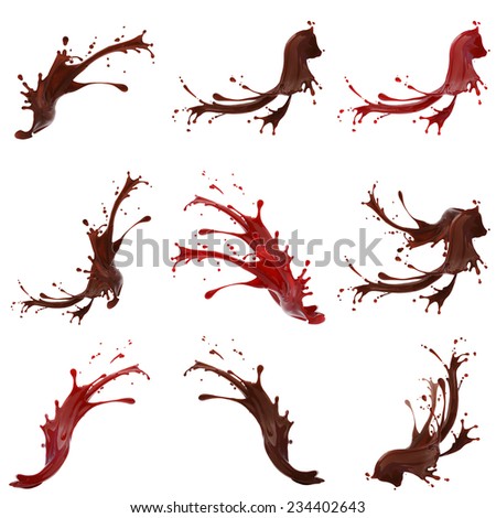 High resolution coffe and red paint splashes collection isolated on white background
