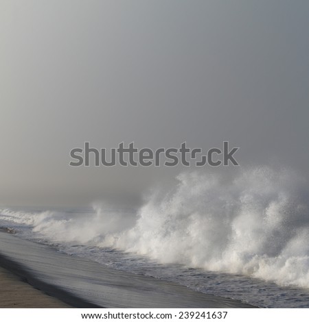 Rough ocean waves in a foggy morning beach