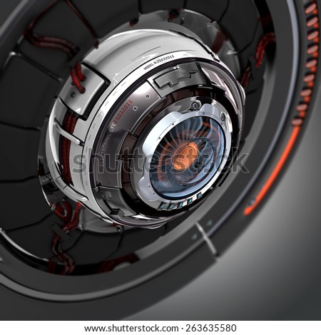 Futuristic design. Conceptual electronic cyber eye. Mechanical artificial robot detail closeup.