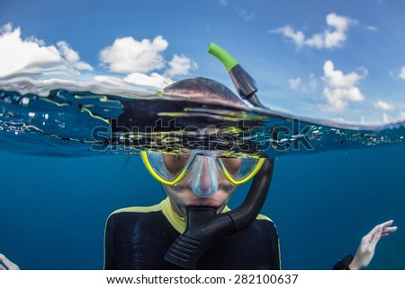 Ocean Life Water Sports Postcard. Underwater world with funny freediver near water surface