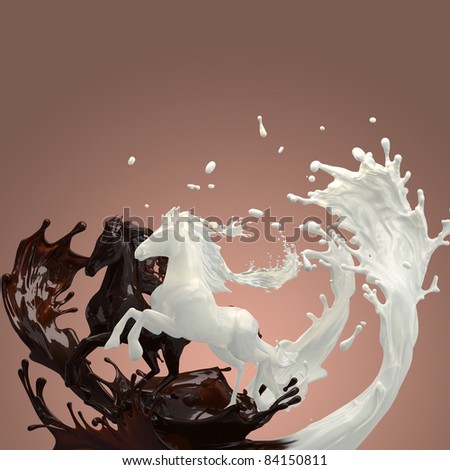 creamy milky and hot brownish chocolate liquid horses running gallop with brown and white splashes