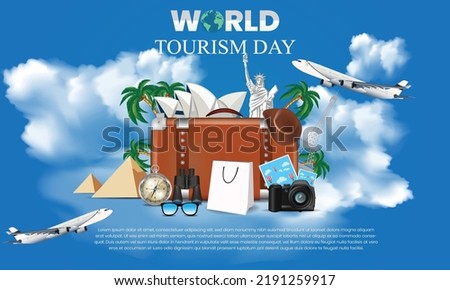 World tourism day vector illustration. World tourism day with plane, opera house, statue vector