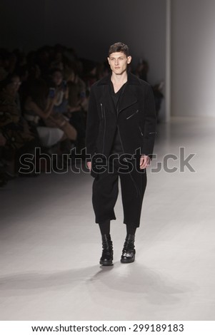 Male model walks the runway for Korean Designer Noirer Asian Fashion Collection Fashion Show at Mercedes Benz Fashion Week Fall Winter 2015 at the Lincoln Center i New York City, February 14, 2015