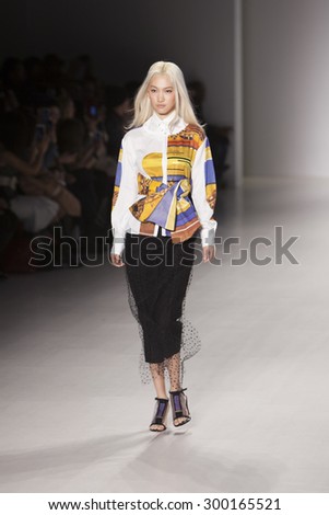 Model walks the runway for Japanese Designer Old Honey during Asian Fashion Collection in Mercedes Benz fashion week Fall Winter 2015 at the Lincoln Center in New York City on February 14 2015