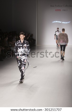 Male model walks the runway for Japanese Designer Tsubasa Shinyo during the Asian Fashion Collection at Mercedes Benz Fashion Week Fall Winter 2015 in New York City, February 14, 2015