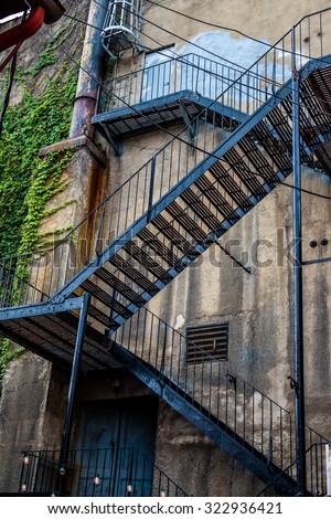 Abstract detail of a black metal fire escape in a city alley  on a large grunge filled cement building  with vines and leaves growing near a decaying metal pipe.