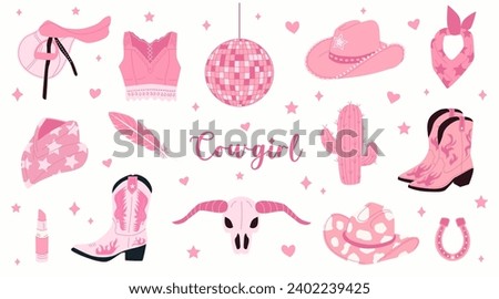 Hand drawn vector pink female cowboy accessories and attributes. Collection of retro Cowboy fashion elements. Cowboy western and wild west theme.