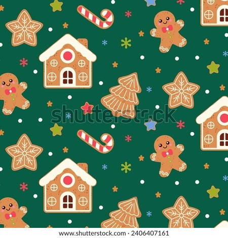 Seamless pattern with cute Christmas gingerbread cookies. Gingerbread man, Christmas tree, gingerbread house and gingerbread cookies on a green background. Vector illustration 