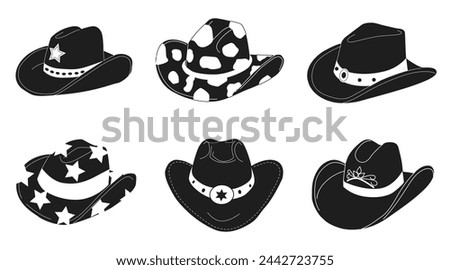 Hand drawn black and white cowboy hats. Set of cowboy hat flat vector illustration. Collection of retro elements. Cowboy Western and Wild West theme. 