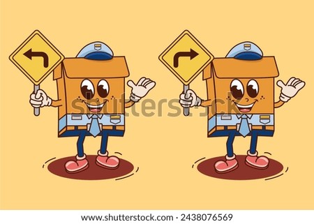 set of retro cartoon illustrations of police cardboard boxes with traffic signs, turn left and right signs