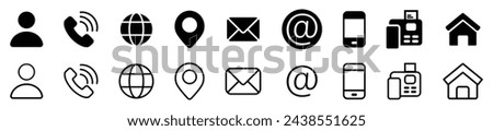 Business card set icon set in line style. Contact information, Home, Phone, Location, Address, Website, mail, fax, user simple black style symbol sign for apps and websites, vector illustration. eps 1