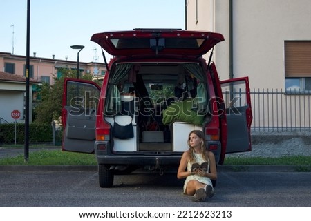 Similar – Image, Stock Photo A old camper with a fancy curtain