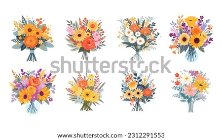 Similar – Image, Stock Photo Bouquet of summer flowers, the flowers already fading. Photographed from above on a patterned tablecloth.