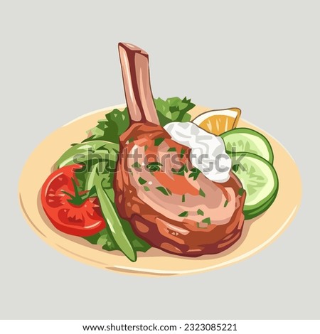 Grilled lamb chop art illustration, greek cuisine
