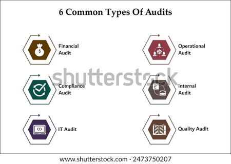 Six common type of audits - Financial, Operational, compliance, internal, IT Audit, Quality Audit. Infographic template with icons and description placeholder