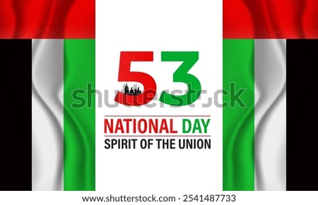 National Day of United Arab Emirates of 53 with  ribbon flag. Waving ribbon in the sky in front of tall buildings Abu Dhabi city. Spirit of the union vector Illustration. eps 10.