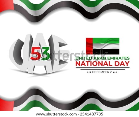 National Day of United Arab Emirates of 53 with  ribbon flag. Waving ribbon in the sky in front of tall buildings Abu Dhabi city. Spirit of the union vector Illustration. eps 10.