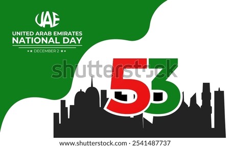 National Day of United Arab Emirates of 53 with  ribbon flag. Waving ribbon in the sky in front of tall buildings Abu Dhabi city. Spirit of the union vector Illustration. eps 10.