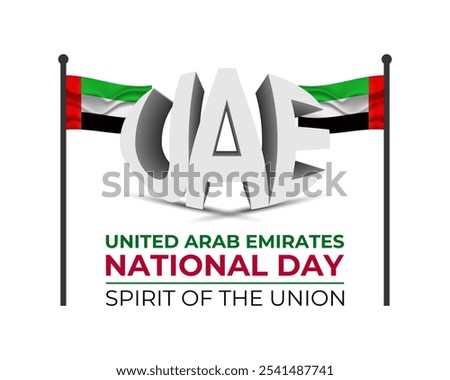 National Day of United Arab Emirates of 53 with  ribbon flag. Waving ribbon in the sky in front of tall buildings Abu Dhabi city. Spirit of the union vector Illustration. eps 10.