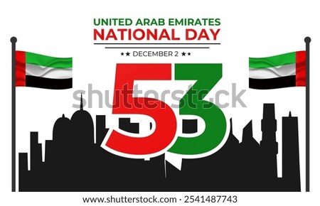 National Day of United Arab Emirates of 53 with  ribbon flag. Waving ribbon in the sky in front of tall buildings Abu Dhabi city. Spirit of the union vector Illustration. eps 10.