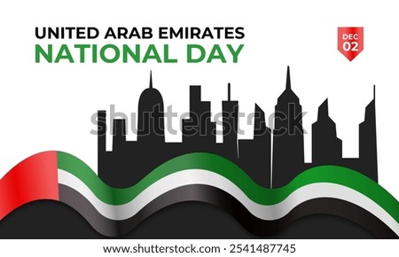 National Day of United Arab Emirates of 53 with  ribbon flag. Waving ribbon in the sky in front of tall buildings Abu Dhabi city. Spirit of the union vector Illustration. eps 10.