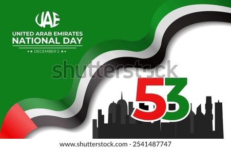 National Day of United Arab Emirates of 53 with  ribbon flag. Waving ribbon in the sky in front of tall buildings Abu Dhabi city. Spirit of the union vector Illustration. eps 10.