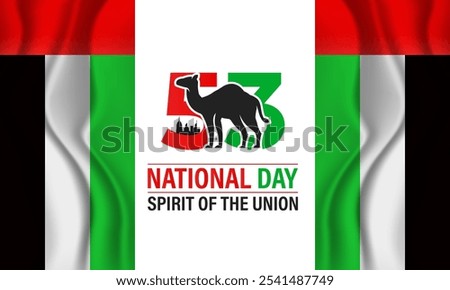 National Day of United Arab Emirates of 53 with  ribbon flag. Waving ribbon in the sky in front of tall buildings Abu Dhabi city. Spirit of the union vector Illustration. eps 10.