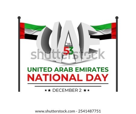 National Day of United Arab Emirates of 53 with  ribbon flag. Waving ribbon in the sky in front of tall buildings Abu Dhabi city. Spirit of the union vector Illustration. eps 10.