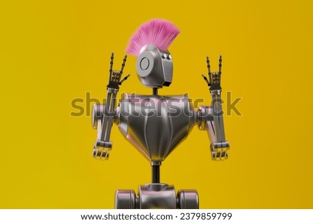 A robot with an edgy sense of style and a striking mohawk hairstyle exudes a rebellious attitude, making the iconic rock and roll sign with devil horns. Punk machine Foto stock © 