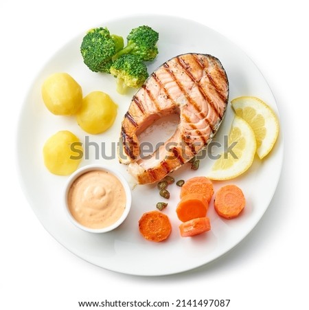 Similar – Image, Stock Photo Grilled fish and potatoes with scallion and sauce