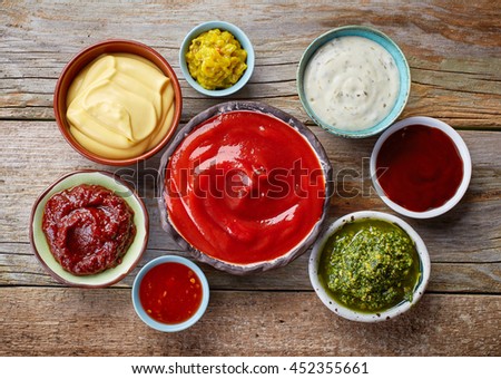 bowls of various dip sauces, top view Foto stock © 