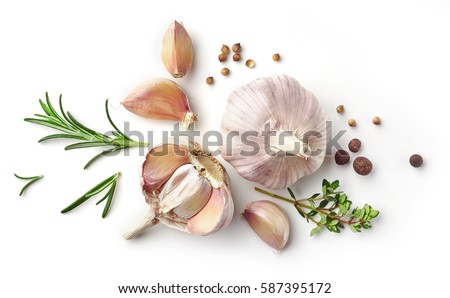 garlic and herbs isolated on white background, top view Сток-фото © 