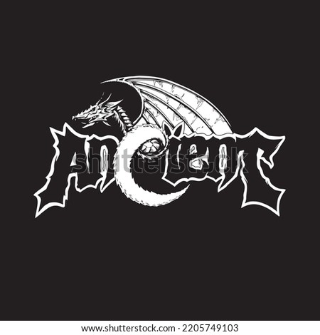 black and white vector ancient dragon logo with with big wing, dark style, grunge. suitable for metal band logo, tshirt design, studio, poster print