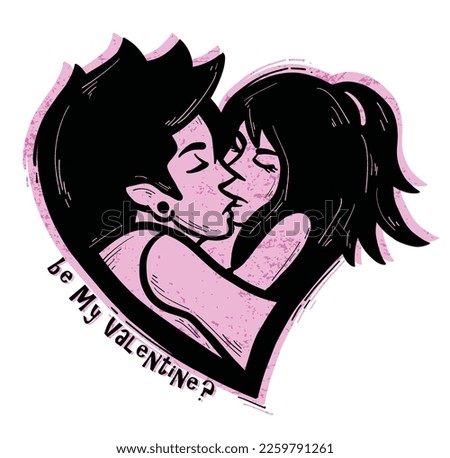 Happy Valentine's Day. Vector punk style logo, badge, symbol of rock and roll lovers hugging and kissing in love shape. design element for grunge flyers and posters design or ransom notes.
