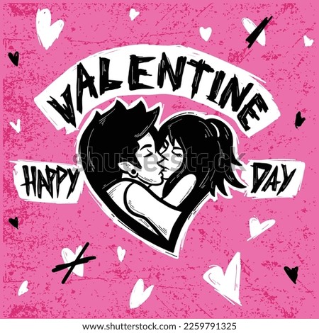 Happy Valentine's Day. Vector punk style typography lettering with rock and roll lovers hugging and kissing in love symbol. for grunge flyers and posters design or ransom notes.