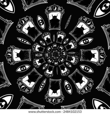 monochrome vector illustration with the theme of a tunnel that forms a circle surrounded by a devil's mirror inside and also blinking eyes, can be used as a gothic background, wallpaper, animation