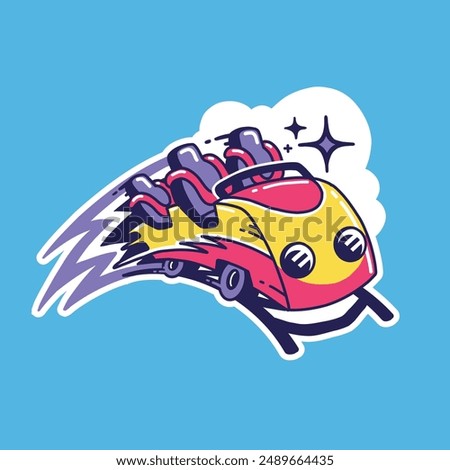 cartoon vector illustration of a colorful roller coaster on a track going fast until flames come out behind it, can be used as stickers for adrenaline junkies, amusement park,  t-shirts, hats, etc